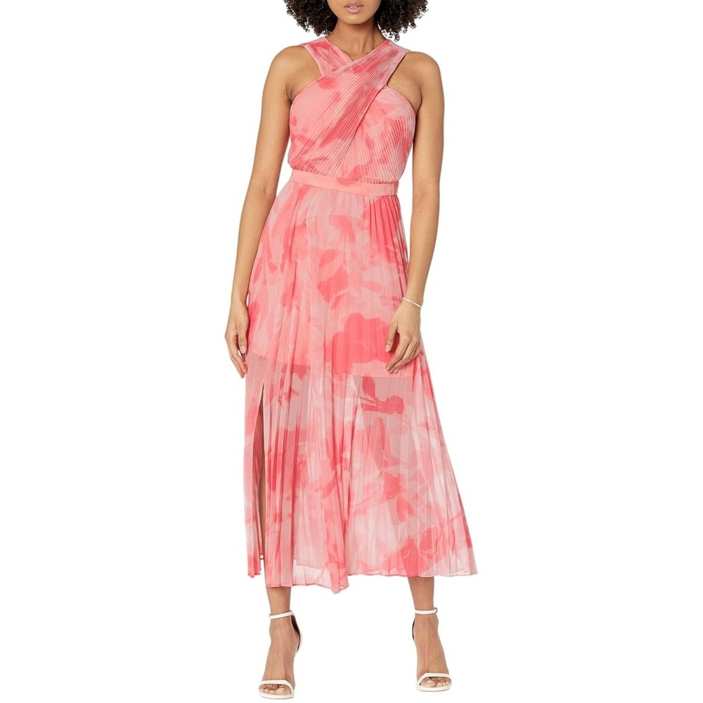 Ted Baker Mirelia Cross Front Pleated Midi Dress Coral Pink Floral Sz 4 (US 10)